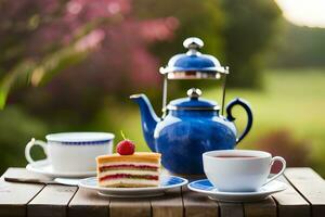 un azul tetera y dos tazas de té sentar en un mesa. generado por ai foto