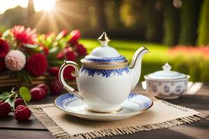 a teapot and saucer on a table with flowers. AI-Generated photo