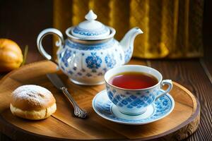 un taza de té y un Pastelería en un de madera mesa. generado por ai foto