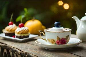 a cup of tea and cupcake on a table. AI-Generated photo