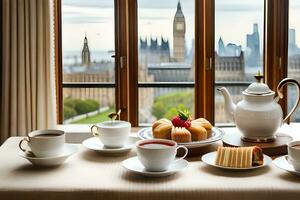 a table with tea and coffee on it with a view of the big ben. AI-Generated photo