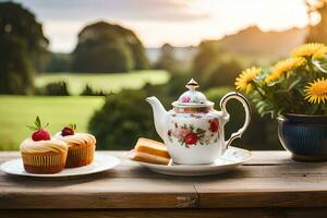 tea and cupcakes on a table in the garden. AI-Generated photo