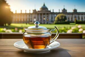 tea in a teapot on a table in front of a building. AI-Generated photo