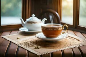 a cup of tea and a teapot on a table in front of a window. AI-Generated photo