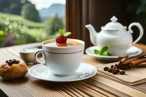 un taza de té y un taza de café en un mesa con un ver de el montañas. generado por ai foto