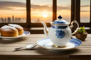 tea pot and croissant on wooden table with city view. AI-Generated photo