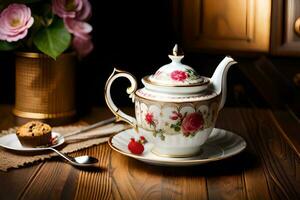 a teapot and cup on a wooden table with flowers. AI-Generated photo