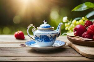 a blue and white teapot on a wooden table with berries. AI-Generated photo