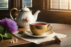 still life with tea pot and flowers on wooden table. AI-Generated photo