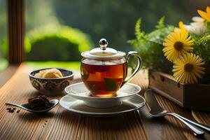 tea and flowers on a table. AI-Generated photo