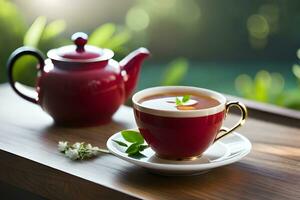 a cup of tea and a teapot on a wooden table. AI-Generated photo