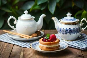 un pastel y un taza de té en un de madera mesa. generado por ai foto