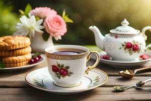 a cup of tea and cookies on a table with flowers. AI-Generated photo