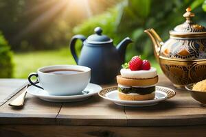 a cup of tea and cake on a table with a cup of coffee. AI-Generated photo