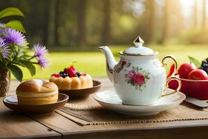 a table with a cup of tea, cake and fruit. AI-Generated photo