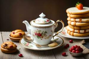 un té maceta y algunos galletas en un mesa. generado por ai foto