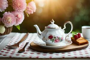 a cup of tea and cake on a table with flowers. AI-Generated photo