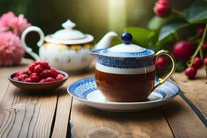 tea and raspberries on wooden table. AI-Generated photo