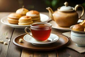 tea and biscuits on wooden table. AI-Generated photo