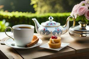 tea and cupcakes on a table. AI-Generated photo