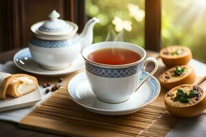 tea and biscuits on a table with a window. AI-Generated photo