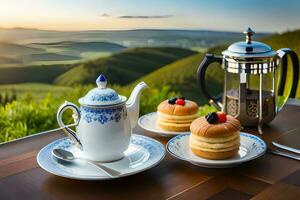 coffee and cakes on a table with mountains in the background. AI-Generated photo