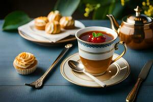 taza de té y magdalenas en un azul mesa. generado por ai foto