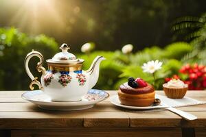 tea pot and cupcake on wooden table in garden. AI-Generated photo