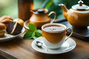 coffee and tea on a wooden table. AI-Generated photo