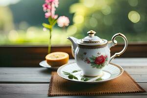 té maceta en un mesa con un flor en el antecedentes. generado por ai foto