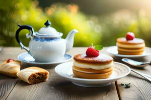 un mesa con un taza de té y un Pastelería. generado por ai foto