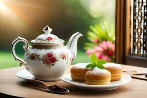 tea pot and pastries on wooden table with sunlight. AI-Generated photo