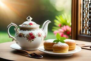 té maceta y pasteles en de madera mesa con luz de sol. generado por ai foto