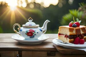 a cake and tea pot on a table with berries. AI-Generated photo