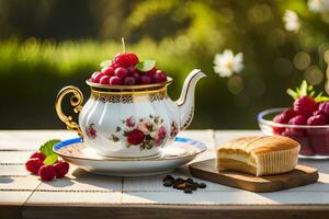 tea pot with raspberries and bread on a table. AI-Generated photo