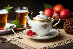 a teapot, cups and saucers are on a table with apples and rasp. AI-Generated photo