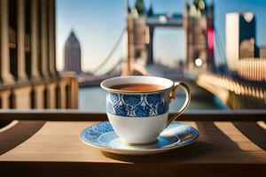 london, england, city, tower bridge, tea, cup, saucer, view. AI-Generated photo