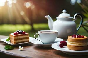 a cup of tea and cake on a table with a cup of coffee. AI-Generated photo
