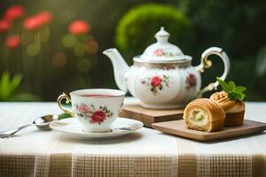 té y pasteles en un mesa en un jardín. generado por ai foto