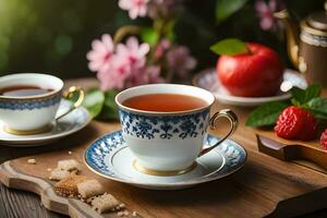 té y Fruta en un de madera mesa. generado por ai foto