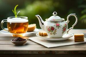 a teapot and cup of tea sit on a table. AI-Generated photo