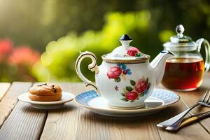 té maceta y taza en de madera mesa con un plato de galletas. generado por ai foto