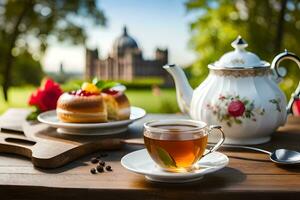 tea and cake on a table in front of a castle. AI-Generated photo