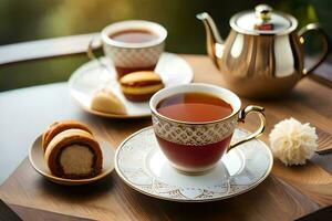 tea and biscuits on a wooden table. AI-Generated photo