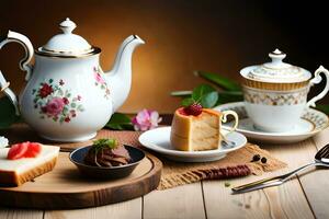 a table with a cup of tea, cake and dessert. AI-Generated photo