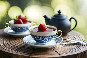 tea and strawberries on a wooden table. AI-Generated photo