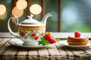 tea pot and cake on table with blurred background. AI-Generated photo