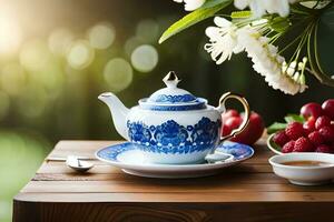 a blue and white teapot is on a wooden table with a bowl of berries and a. AI-Generated photo