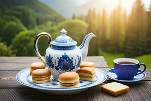 tea and biscuits on a wooden table with mountains in the background. AI-Generated photo