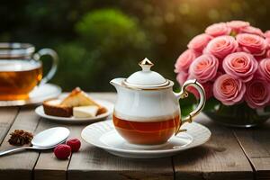 tea and cake on a table with flowers. AI-Generated photo